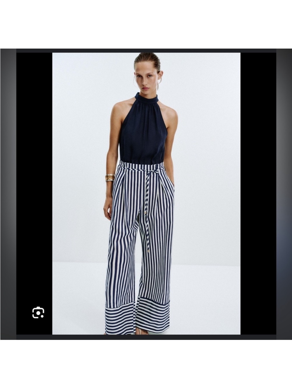 Zara Navy & White Vertical-Striped Wide-Leg Trousers